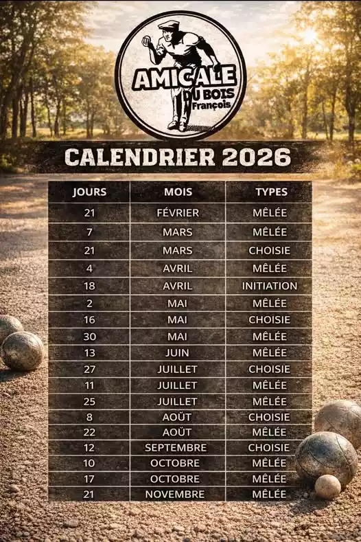 calendrier 2026 des concours de boules de l’Amicale du Bois François à Port‑Saint‑Louis‑du‑Rhône