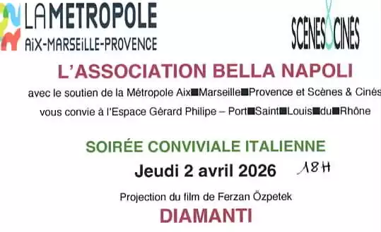 Affiche de la soirée italienne avec projection du film Diamanti à Port-Saint-Louis-du-Rhône le 2 avril 2026.
