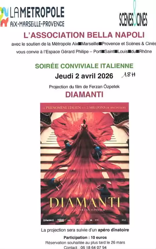 Soirée italienne et projection du film Diamanti à l’Espace Gérard Philipe de Port-Saint-Louis-du-Rhône.