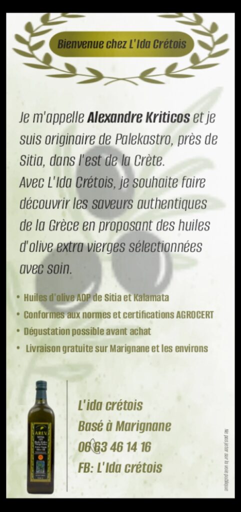 Huile d'olive grecque AOP à Port-Saint-Louis-du-Rhône : découvrez les saveurs authentiques de Sitia et Kalamata avec Alexandre Kriticos 4 FLYER 1 1