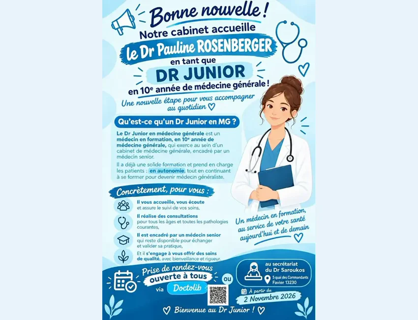L'affiche complète qui explique le rôle du médecin junior, avec l'adresse du cabinet et la date du 2 novembre 2026
