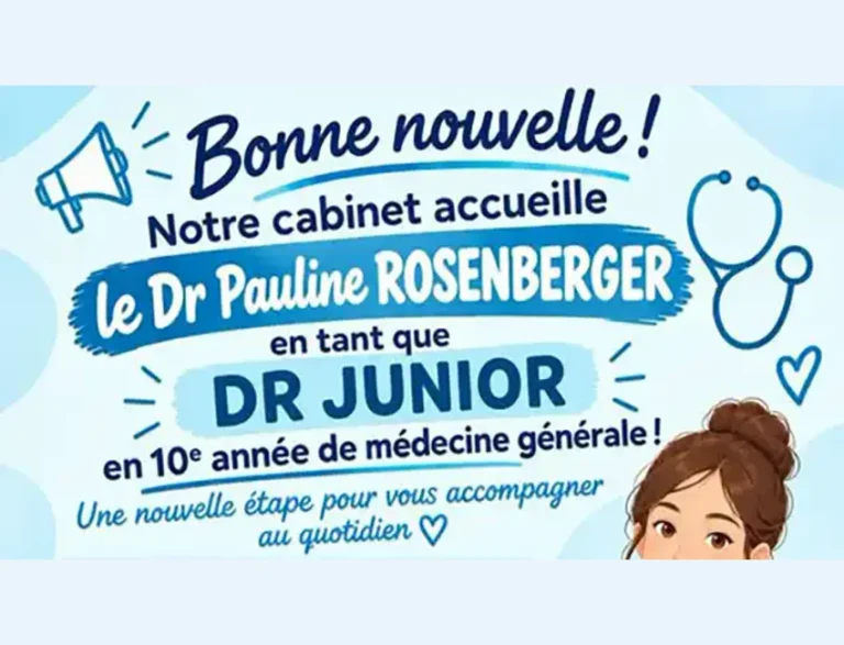 L'affiche du cabinet annonçant l'arrivée du Dr Pauline Rosenberger comme médecin junior