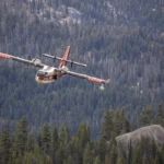 Canadair CL-415 larguant de l'eau sur un feu de forêt (illustration)