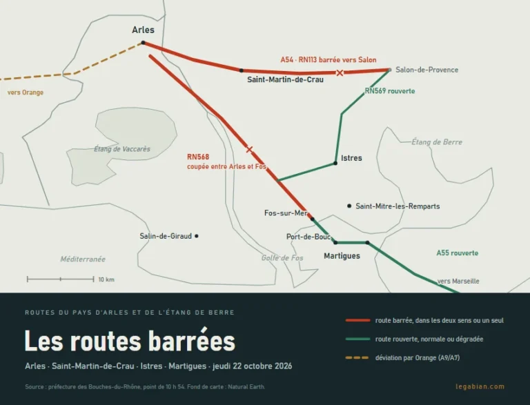 Carte des routes barrées autour d'Arles, Saint-Martin-de-Crau, Istres, Martigues et Saint-Mitre-les-Remparts le 22 octobre 2026