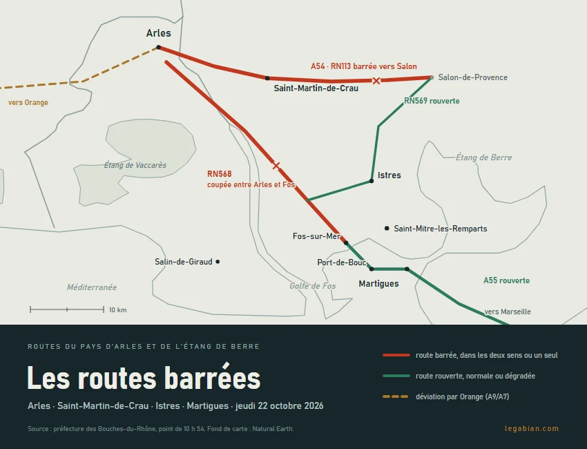Carte des routes barrées autour d'Arles, Saint-Martin-de-Crau, Istres, Martigues et Saint-Mitre-les-Remparts le 22 octobre 2026