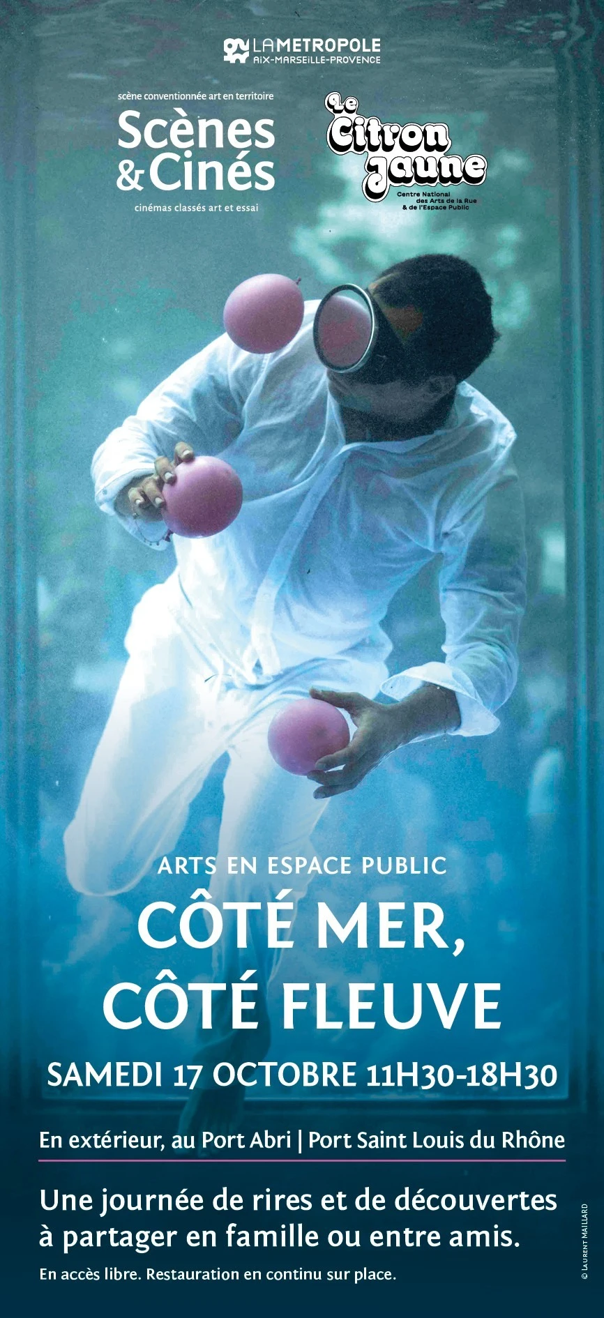 Le Gabian : Port Saint Louis du Rhone, Annuaire des Commerçants & Artisans en Camargue Provençale 4 Affiche de Côté mer, côté fleuve 2026 : un jongleur dans un décor aquatique bleu