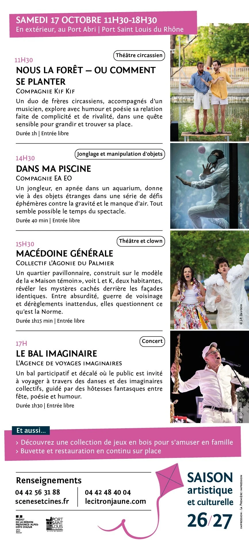 Côté mer, côté fleuve : quatre spectacles gratuits en plein air à Port-Saint-Louis-du-Rhône 2 Programme de Côté mer, côté fleuve : quatre spectacles le samedi 17 octobre, de 11h30 à 18h30