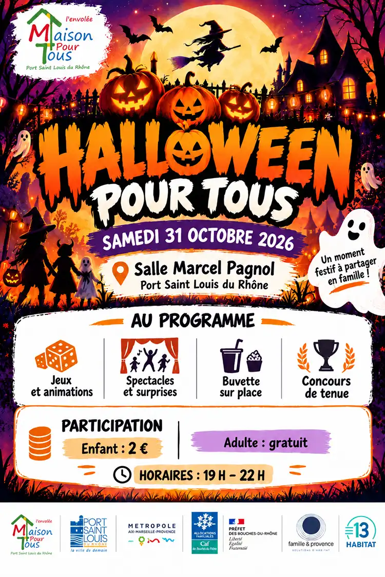 Halloween Pour Tous : la salle Marcel Pagnol passe en mode frissons le 31 octobre 1 Affiche détaillée Halloween Pour Tous : salle Marcel Pagnol, 19 h-22 h, jeux, spectacles, buvette et concours de tenue