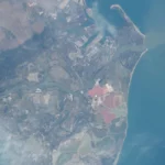 Le delta du Rhône vu depuis l'espace, illustration du risque de crue en Camargue
