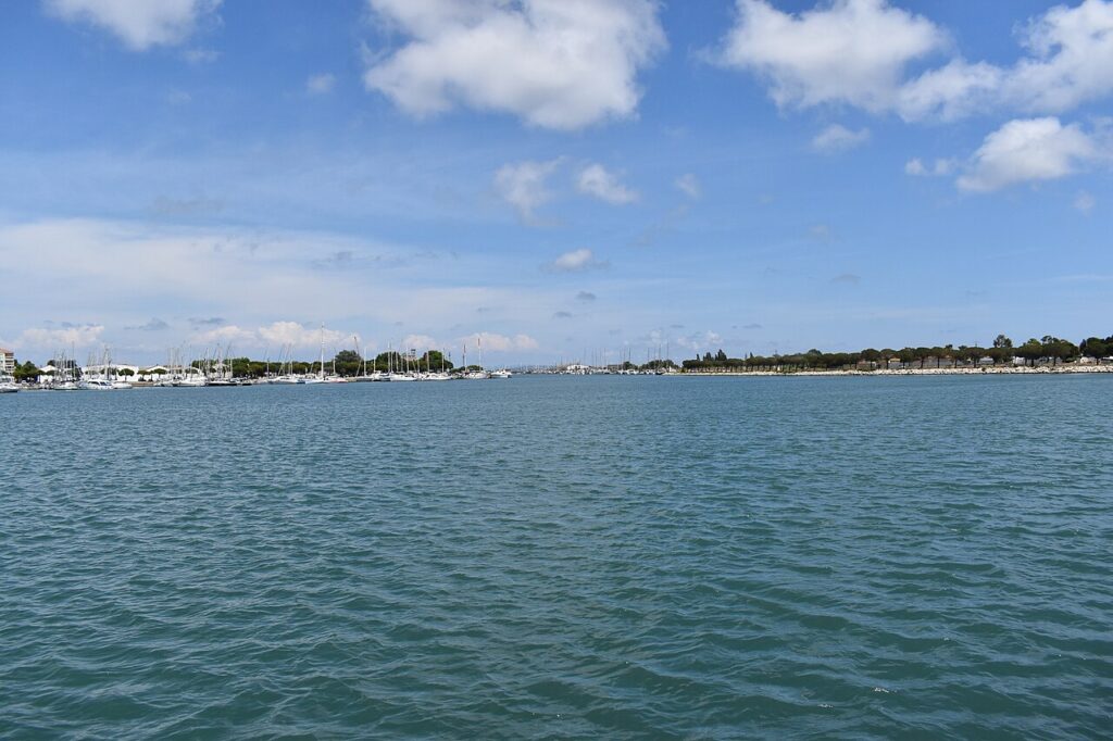Le port de plaisance de Port-Saint-Louis-du-Rhône, avec ses pontons et les bateaux amarrés devant la ville